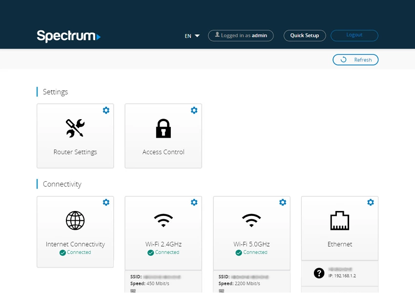 Menu options under Spectrum modem Advanced settings