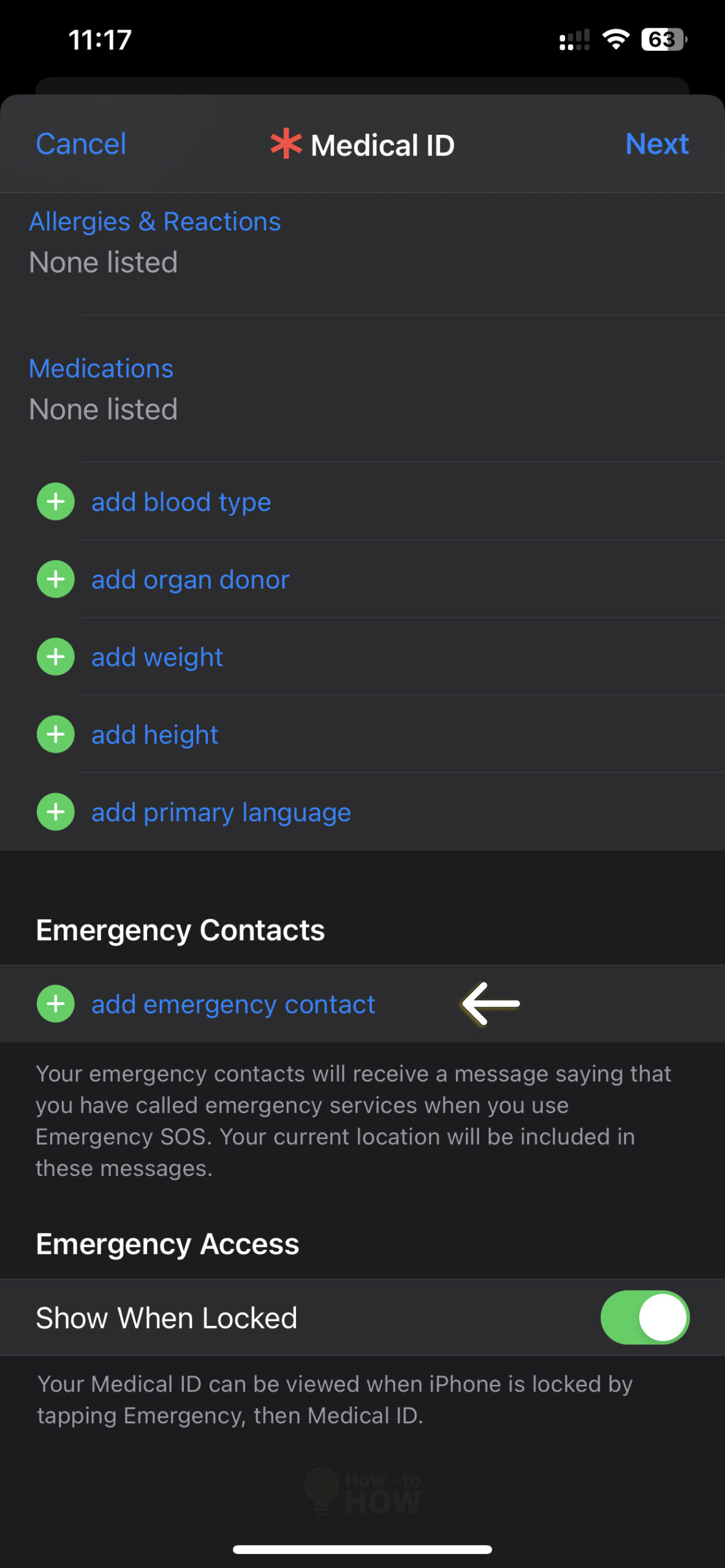 Under Medical ID scroll down to add emergency contact
